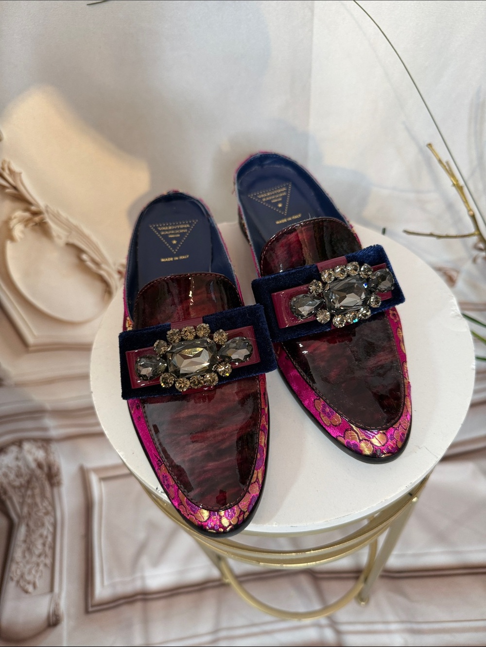 Rangoni Burgundy Patent and Fuchsia Jeweled Velvet Mules